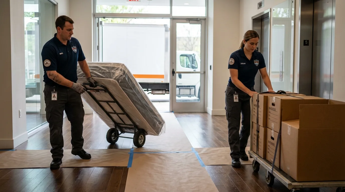 Professional apartment movers loading elevator in Raleigh, MS