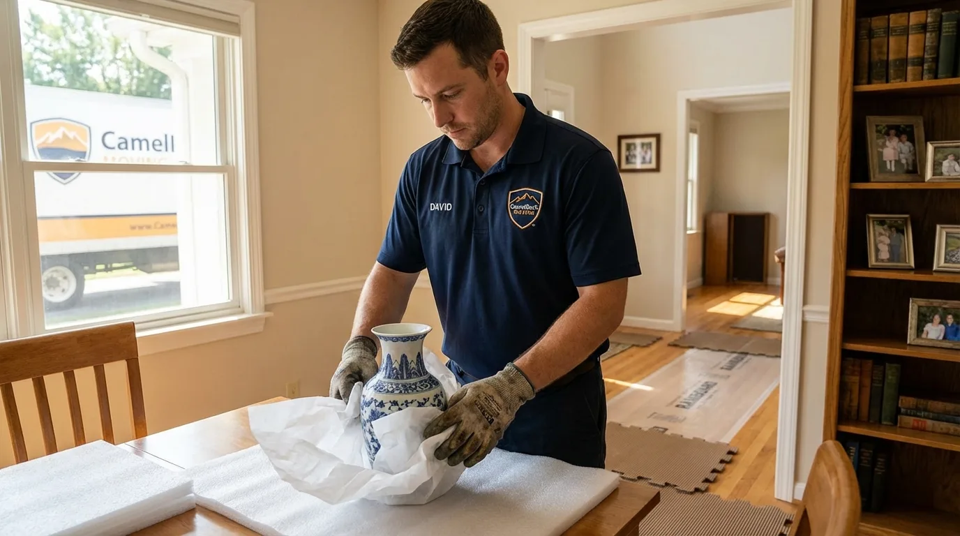 Professional crew carefully wrapping antique vase for senior downsizing move in Raleigh, MS